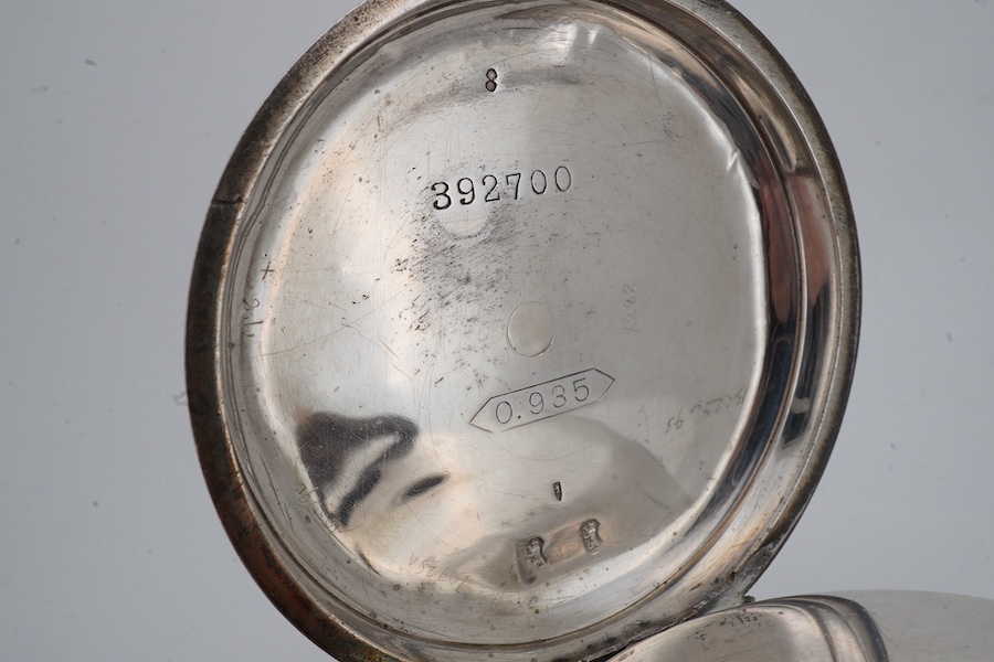 A late 19th century Swiss 935 standard white metal open faced 'The Midland Lever' key wind pocket watch, retailed by J.G. Graves, Sheffield, with Roman dial and subsidiary seconds, case diameter 52mm, together with a sil